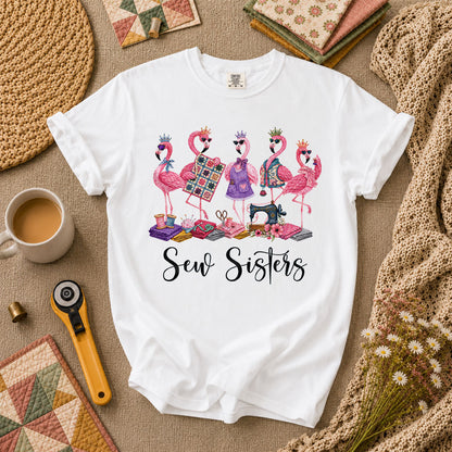 Sew Sisters Flamingos Quilting T-Shirt - White