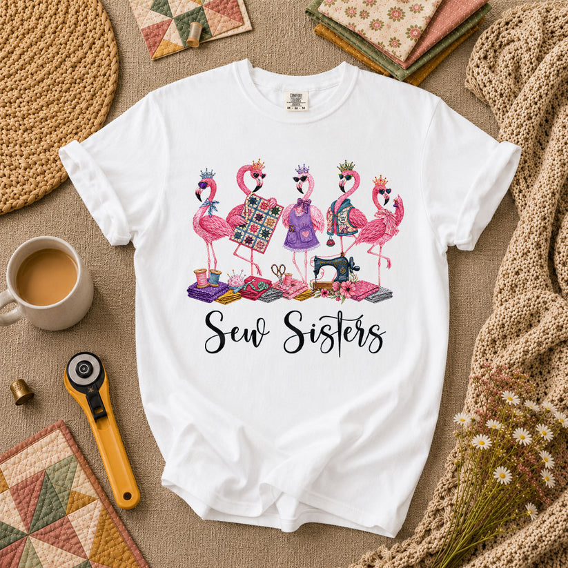Sew Sisters Flamingos Quilting T-Shirt - White