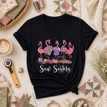 Sew Sisters Flamingos Quilting Women's V-Neck - Black