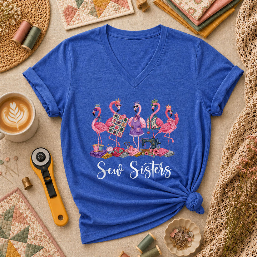 Sew Sisters Flamingos Quilting Women's V-Neck - Heather True Royal