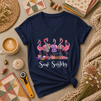Sew Sisters Flamingos Quilting Women's V-Neck - Navy
