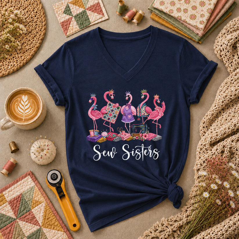 Sew Sisters Flamingos Quilting Women's V-Neck - Navy