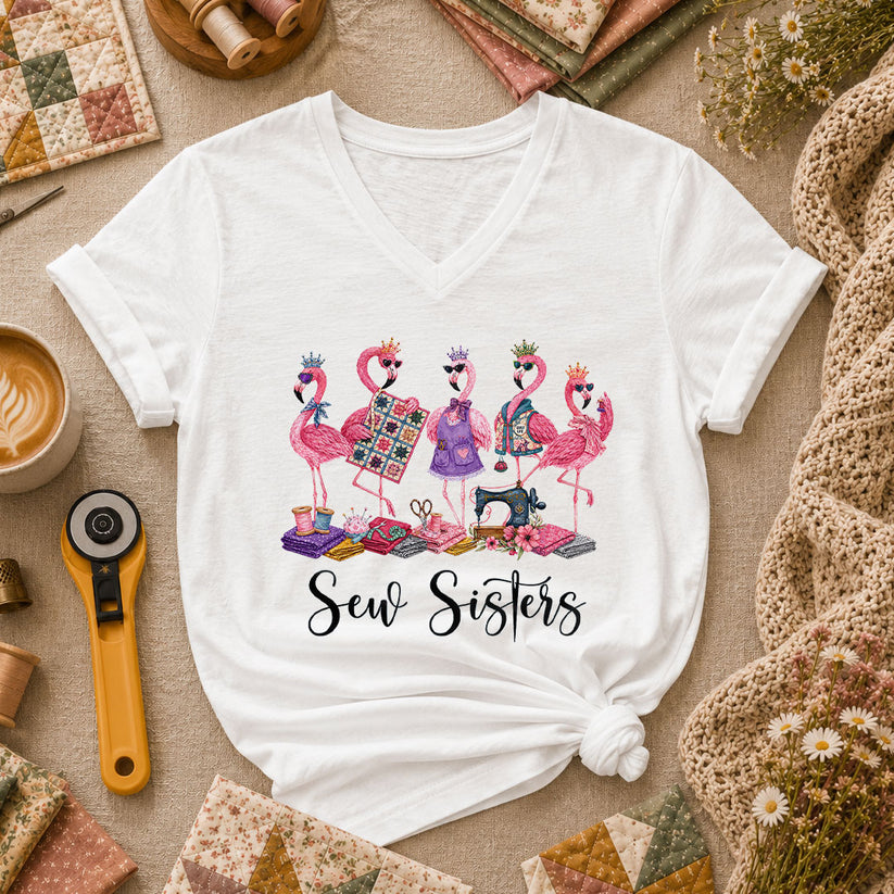 Sew Sisters Flamingos Quilting Women's V-Neck - White