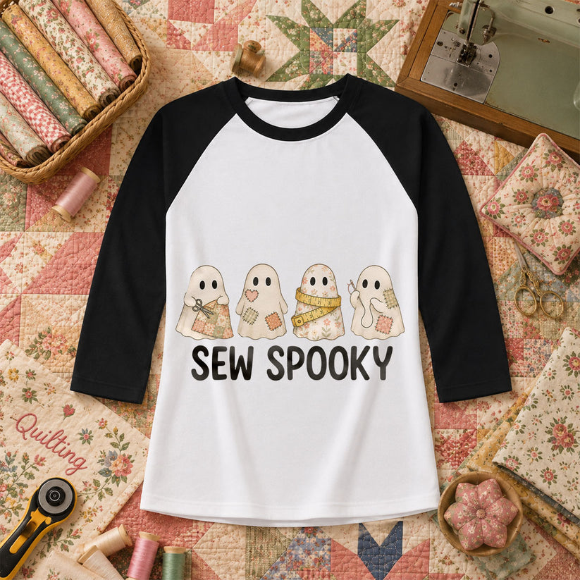 Sew Spooky Ghost Crew Halloween Raglan Sleeve - Black