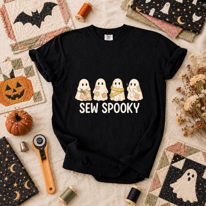 Sew Spooky Ghost Crew Halloween T-Shirt - Black