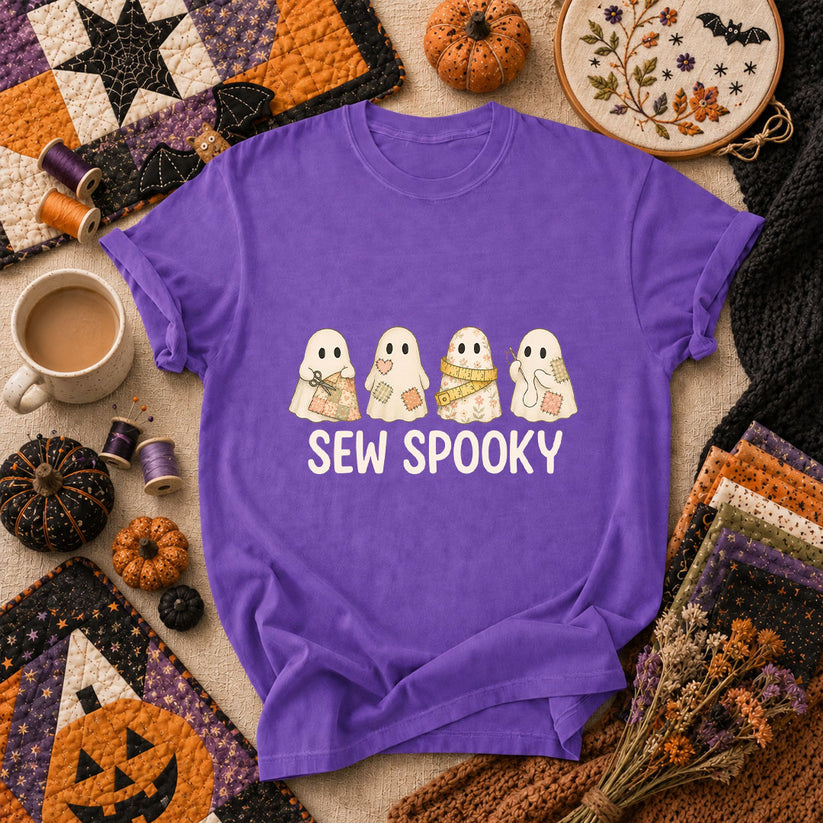 Sew Spooky Ghost Crew Halloween T-Shirt - Heather Team Purple