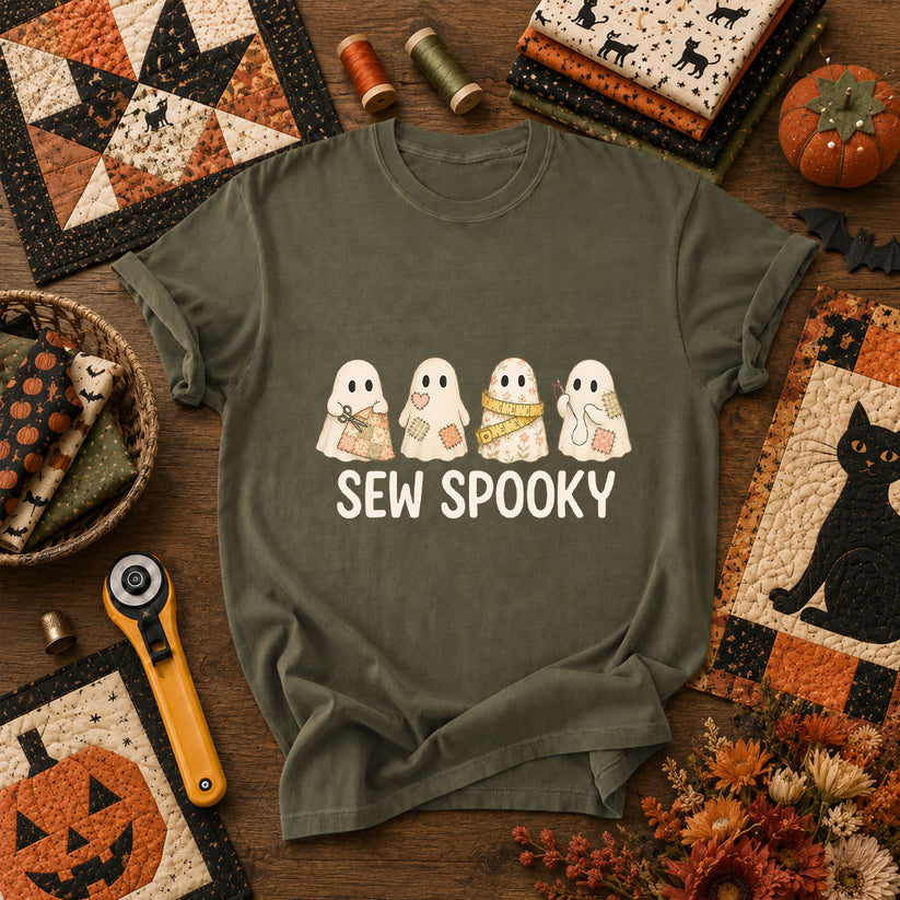 Sew Spooky Ghost Crew Halloween T-Shirt - Military Green
