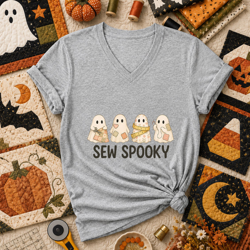 Sew Spooky Ghost Crew Halloween Women's V-Neck - Athletic Heather