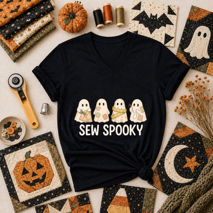 Sew Spooky Ghost Crew Halloween Women's V-Neck - Black