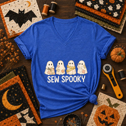 Sew Spooky Ghost Crew Halloween Women's V-Neck - Heather True Royal