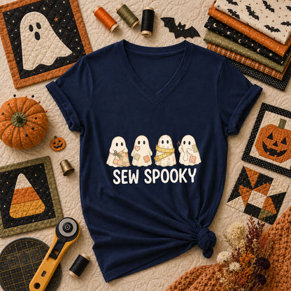 Sew Spooky Ghost Crew Halloween Women's V-Neck - Navy