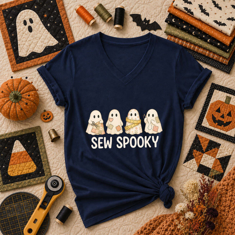 Sew Spooky Ghost Crew Halloween Women's V-Neck - Navy