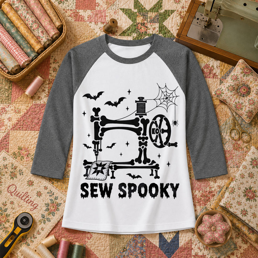 Sew Spooky Skeleton Halloween Raglan Sleeve - Deep Heather