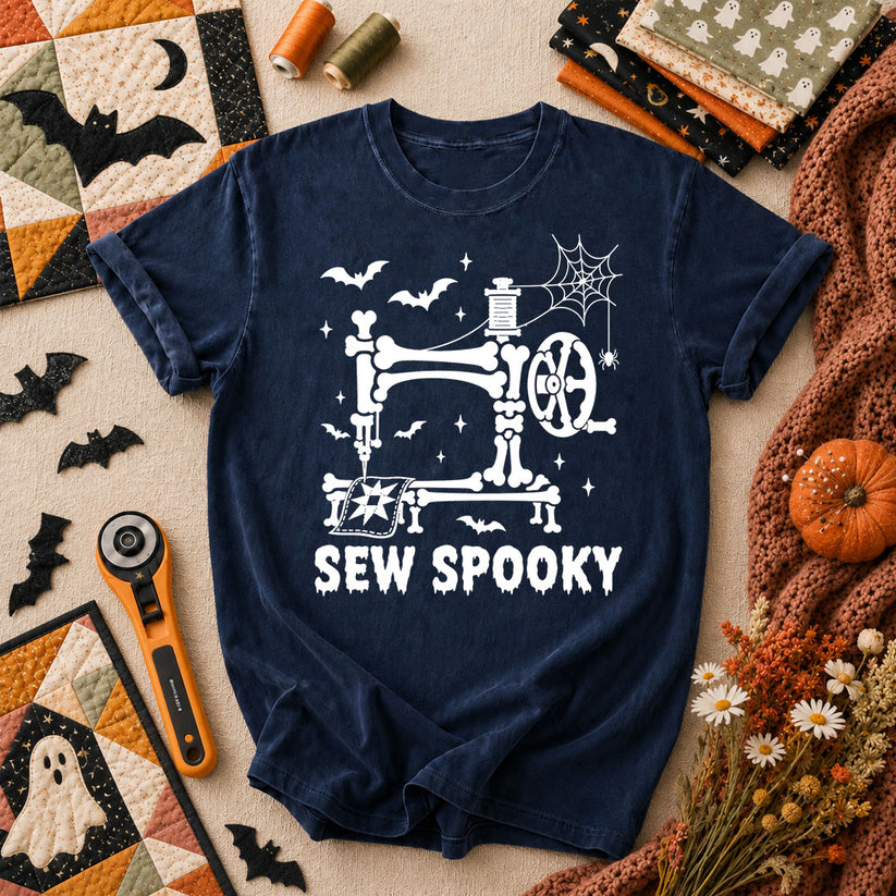 Sew Spooky Skeleton Halloween T-Shirt - Navy