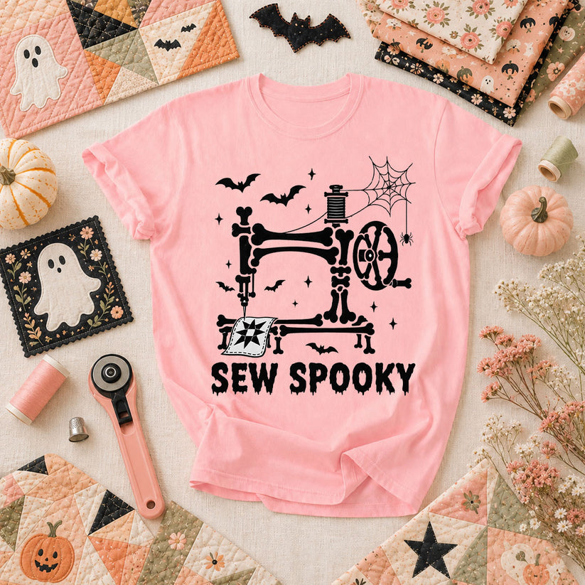 Sew Spooky Skeleton Halloween T-Shirt - Pink