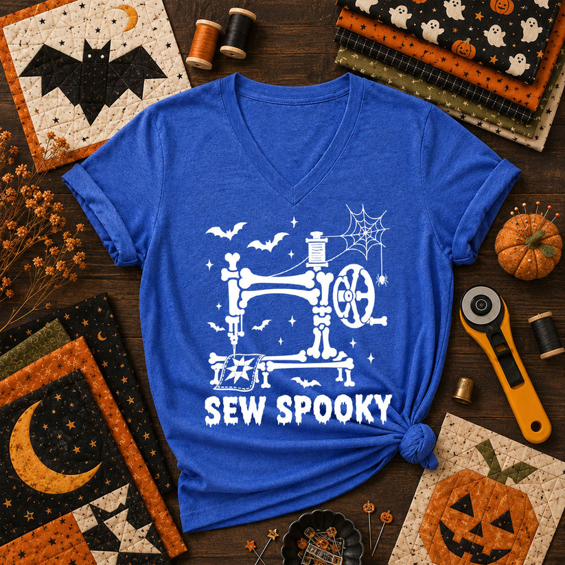 Sew Spooky Skeleton Halloween Women's V-Neck - Heather True Royal