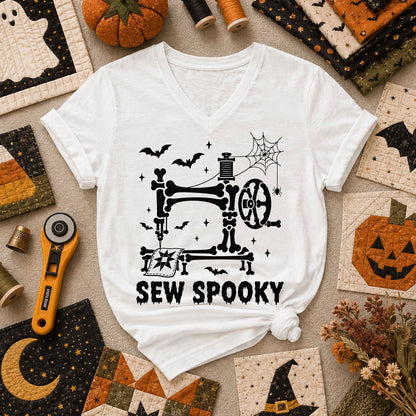 Sew Spooky Skeleton Halloween Women's V-Neck - White