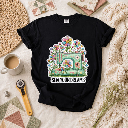 Sew Your Dreams Floral Sewing Machine T-Shirt - Black