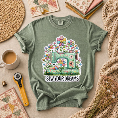 Sew Your Dreams Floral Sewing Machine T-Shirt - Forest Green