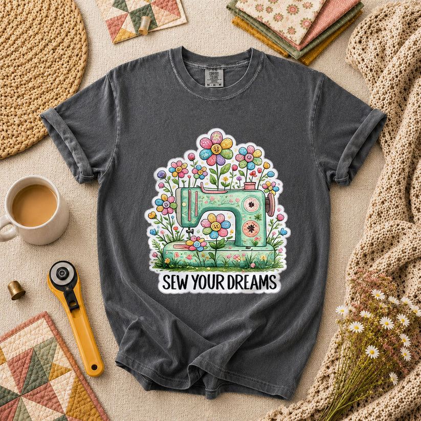 Sew Your Dreams Floral Sewing Machine T-Shirt - Grey