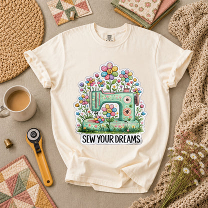 Sew Your Dreams Floral Sewing Machine T-Shirt - Ivory