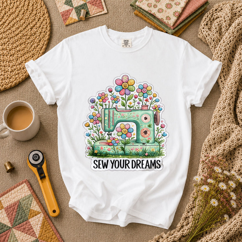 Sew Your Dreams Floral Sewing Machine T-Shirt - White