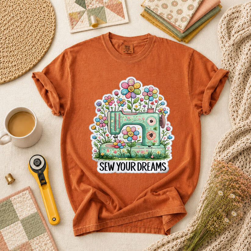 Sew Your Dreams Floral Sewing Machine T-Shirt - Yam