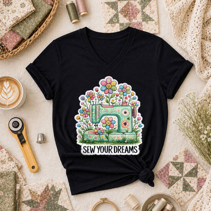 Sew Your Dreams Floral Sewing Machine Women's V-Neck - Black