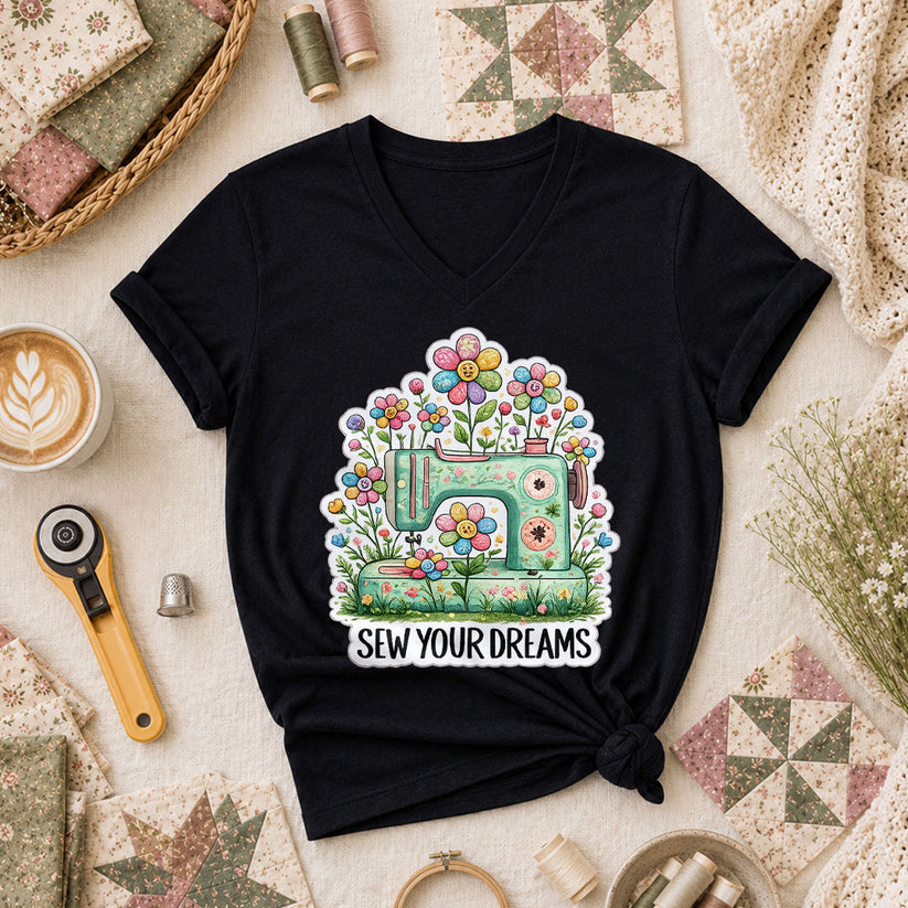 Sew Your Dreams Floral Sewing Machine Women's V-Neck - Black
