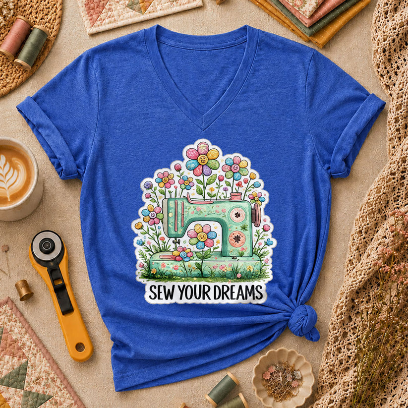 Sew Your Dreams Floral Sewing Machine Women's V-Neck - Heather True Royal
