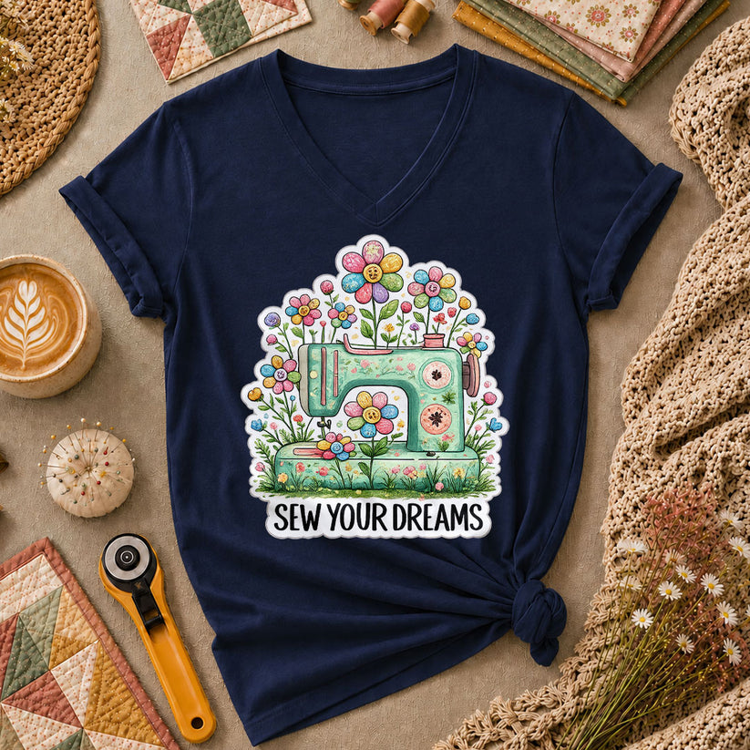 Sew Your Dreams Floral Sewing Machine Women's V-Neck - Navy