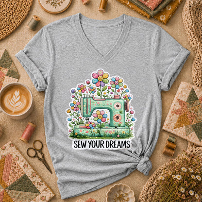 Sew Your Dreams Floral Sewing Machine Women's V-Neck - Sport Grey