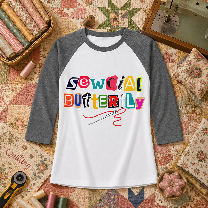 Sewcial Butterfly Funny Quilter Raglan Sleeve - Deep Heather