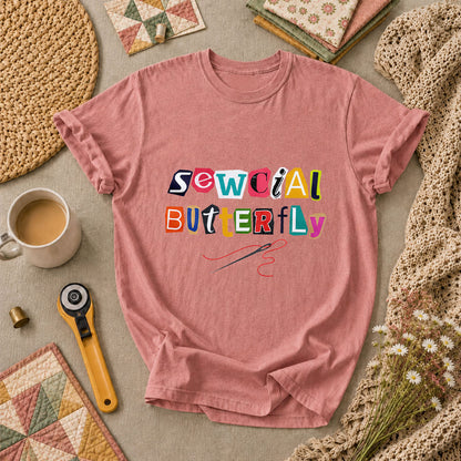 Sewcial Butterfly Funny Quilter T-Shirt - Heather Mauve
