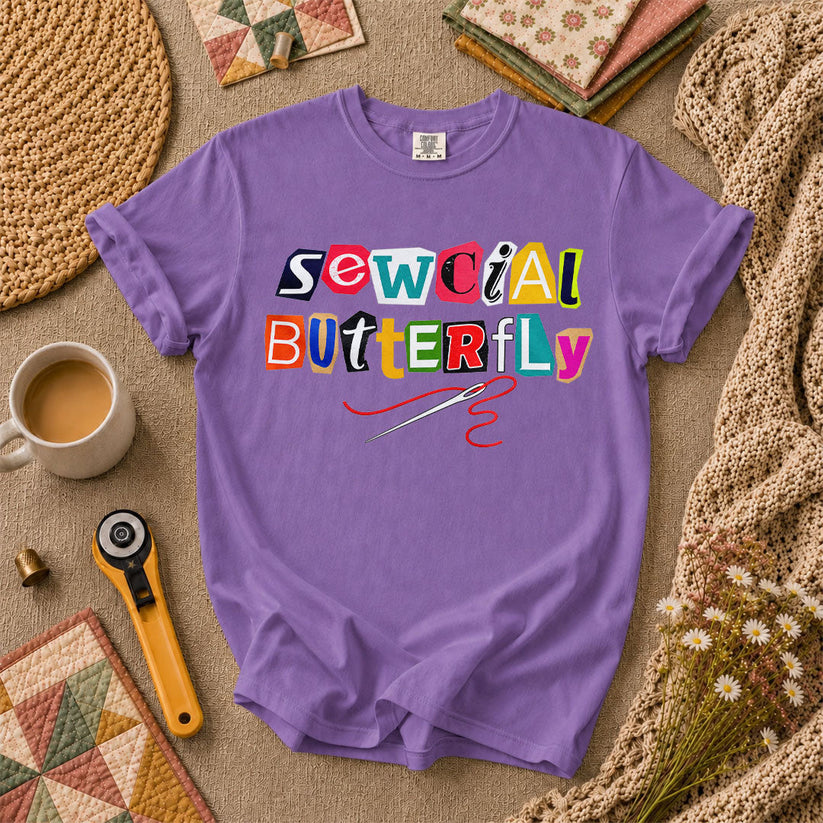 Sewcial Butterfly Funny Quilter T-Shirt - Heather Team Purple