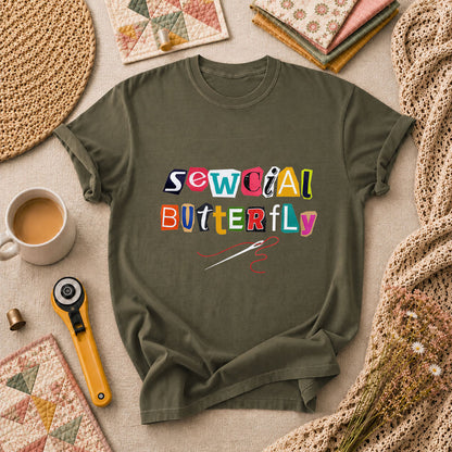 Sewcial Butterfly Funny Quilter T-Shirt - Military Green