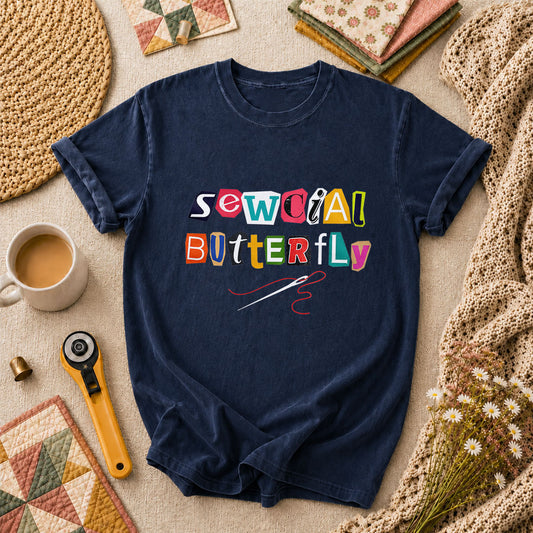 Sewcial Butterfly Funny Quilter T-Shirt - Navy