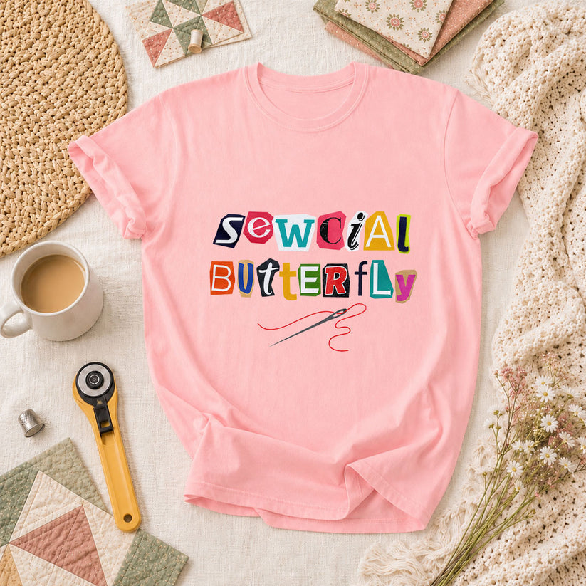 Sewcial Butterfly Funny Quilter T-Shirt - Pink