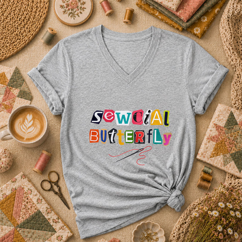 Sewcial Butterfly Funny Quilter Women's V-Neck - Athletic Heather