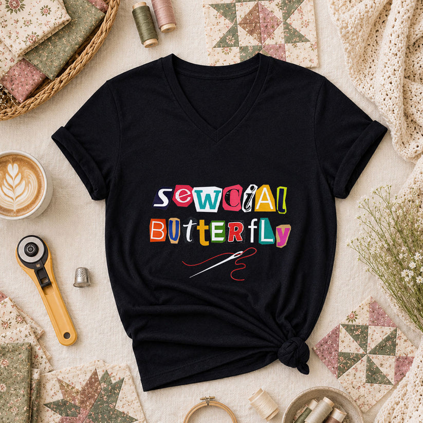 Sewcial Butterfly Funny Quilter Women's V-Neck - Black