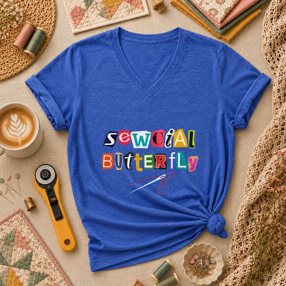 Sewcial Butterfly Funny Quilter Women's V-Neck - Heather True Royal