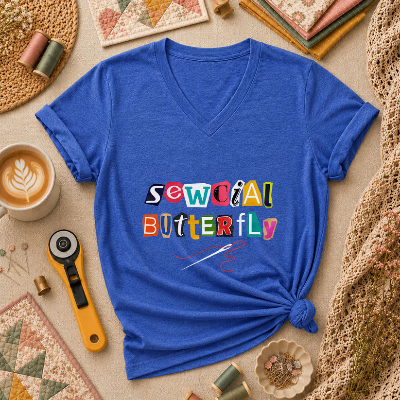 Sewcial Butterfly Funny Quilter Women's V-Neck - Heather True Royal