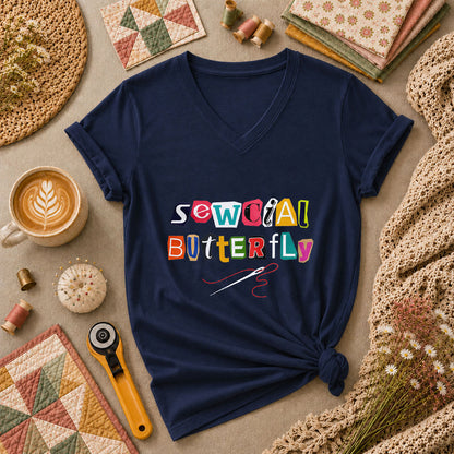 Sewcial Butterfly Funny Quilter Women's V-Neck - Navy