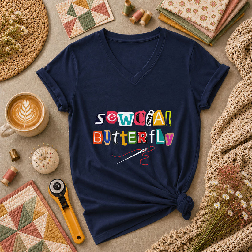 Sewcial Butterfly Funny Quilter Women's V-Neck - Navy