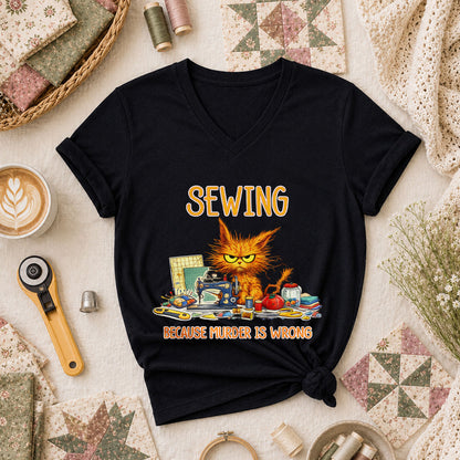 Sewing Because Murder Is Wrong Angry Cat Women's V-Neck - Black