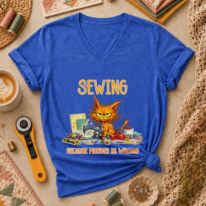Sewing Because Murder Is Wrong Angry Cat Women's V-Neck - Heather True Royal