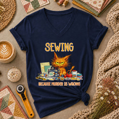 Sewing Because Murder Is Wrong Angry Cat Women's V-Neck - Navy
