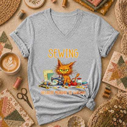 Sewing Because Murder Is Wrong Angry Cat Women's V-Neck - Sport Grey