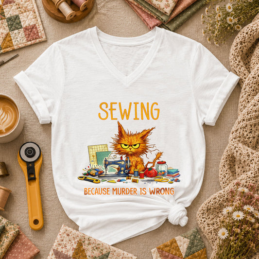 Sewing Because Murder Is Wrong Angry Cat Women's V-Neck - White