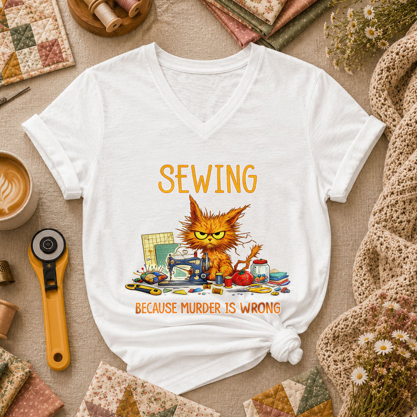 Sewing Because Murder Is Wrong Angry Cat Women's V-Neck - White